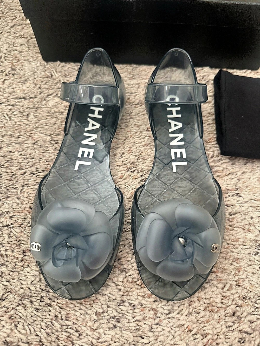 CHANEL Camellia Jelly Ankle Strap Flat Sandals Gray